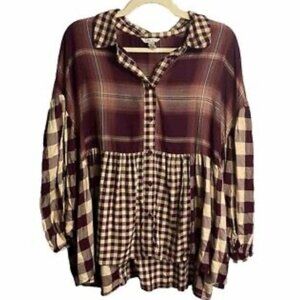 Cato Women’s Hi-low Checkered Plaid Layered Button Up Blouse Maroon Size 24W